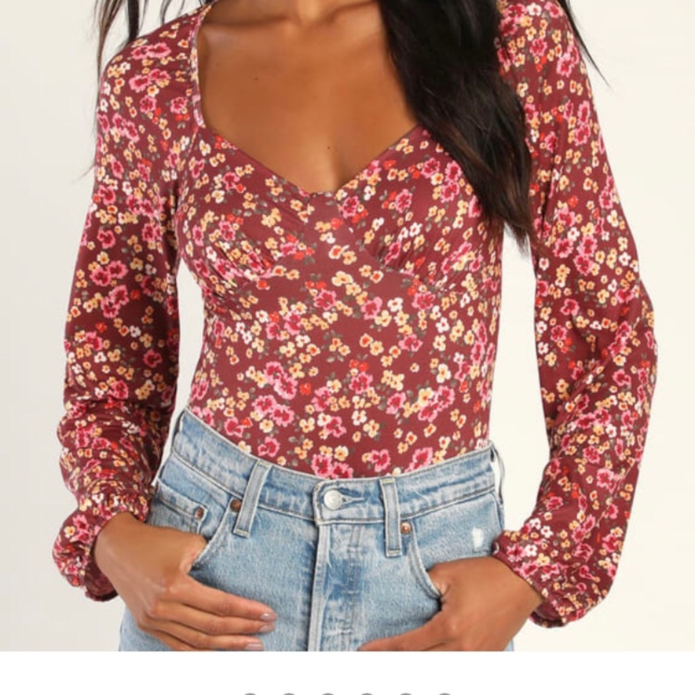 Blossom Beauty Burgundy Floral Print Long Sleeve Bodysuit